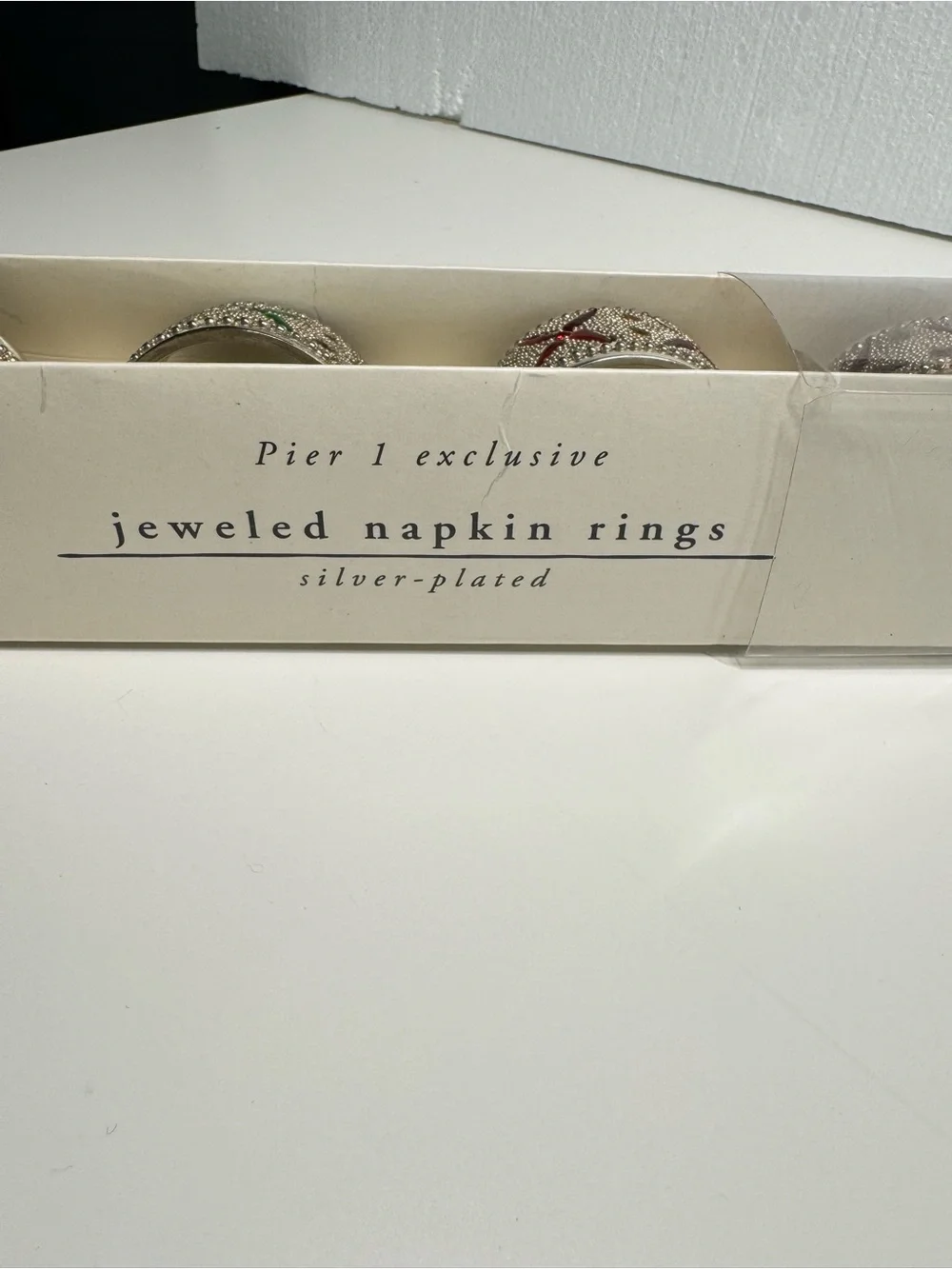 NIB Pier 1 Exclusive Jeweled Napkin Rings Silver Plated Set of 4